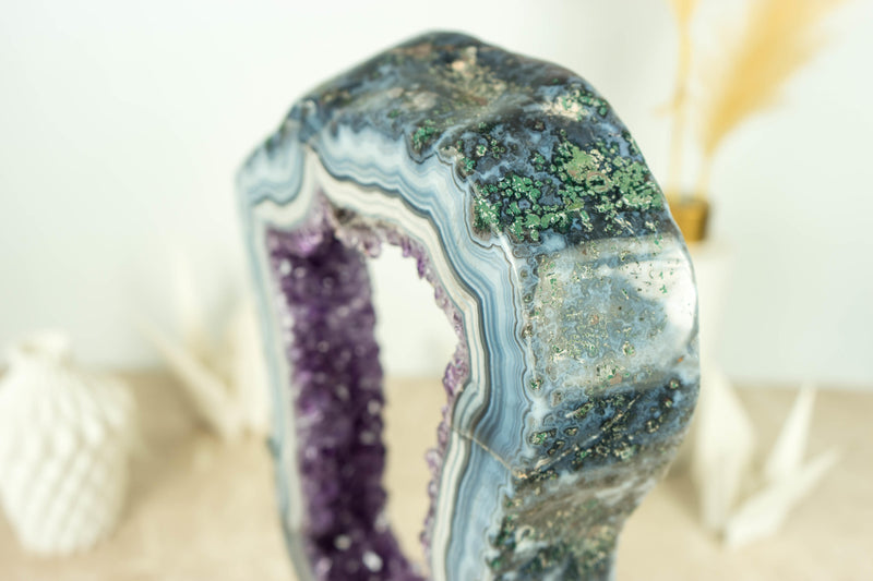 Rare White and Blue Lace Agate Geode Slice with Deep Purple Amethyst Druzy