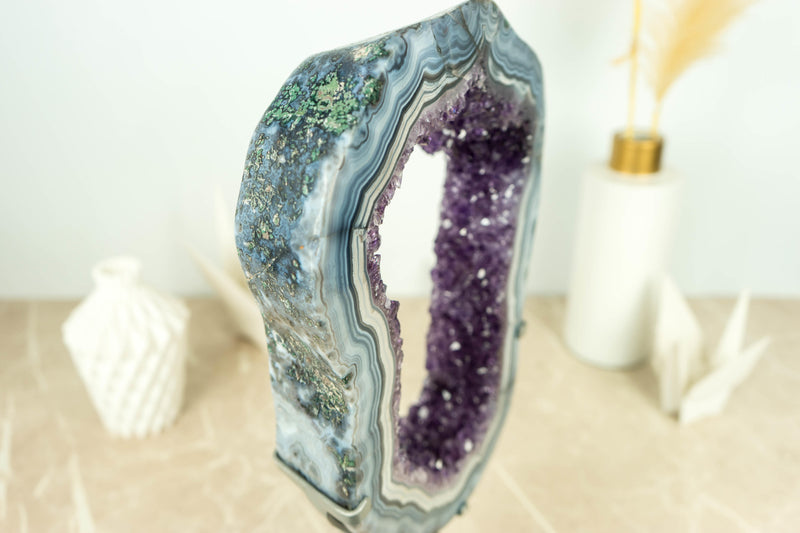 Rare White and Blue Lace Agate Geode Slice with Deep Purple Amethyst Druzy