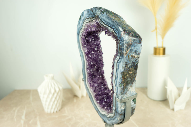 Rare White and Blue Lace Agate Geode Slice with Deep Purple Amethyst Druzy