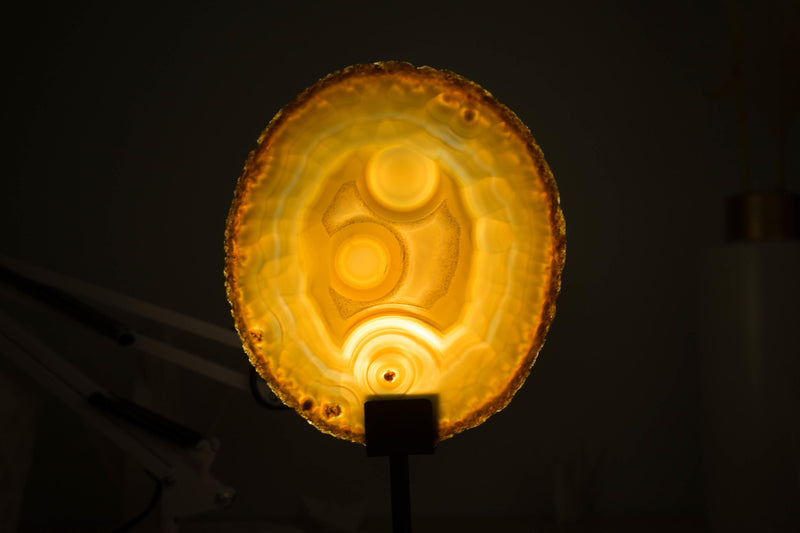 Seltene natürliche goldene Spitzenachatscheibe mit Augeneinschlüssen und Neonlinien
