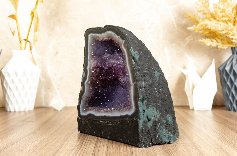 Pair of Small Banded Agate and Purple Galaxy Amethyst Cathedral Geodes collective