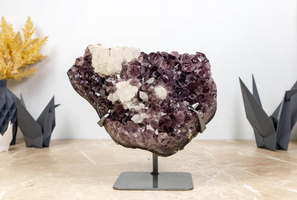 Amethyst Cluster with Flower Crystal Calcite on Metal Stand collective
