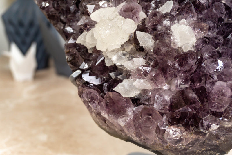 Amethyst Cluster with Flower Crystal Calcite on Metal Stand collective