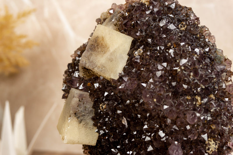 Amethyst Cluster with Geometrical Crystal Calcite and Golden Goethite collective