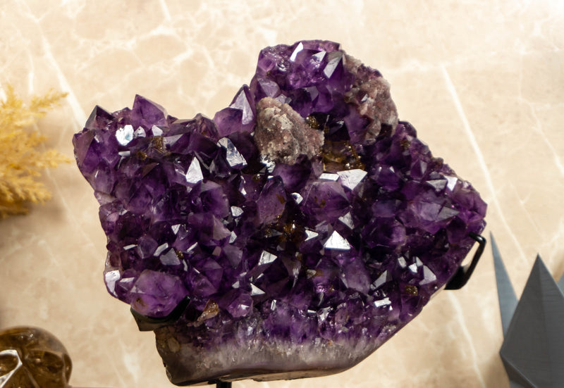 Amethyst Cluster with Calcite and Golden Goethite, Aaa Dark Amethyst collective
