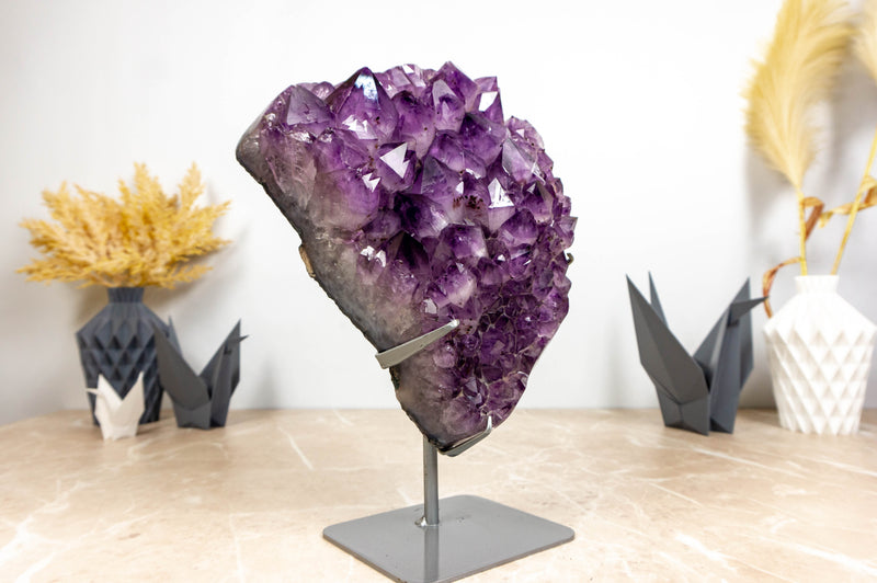Deep Purple Amethyst Cluster with Large Amethyst Druzy and Golden Goethite collective