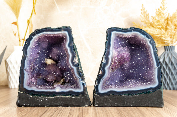 Pair of Small Banded Agate and Purple Galaxy Amethyst Cathedral Geodes collective