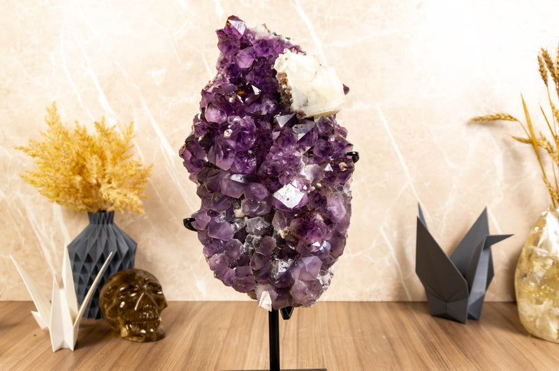 Rare Amethyst Cluster with Galaxy Druzy Sugar Coat, Calcite and Golden Goethite collective