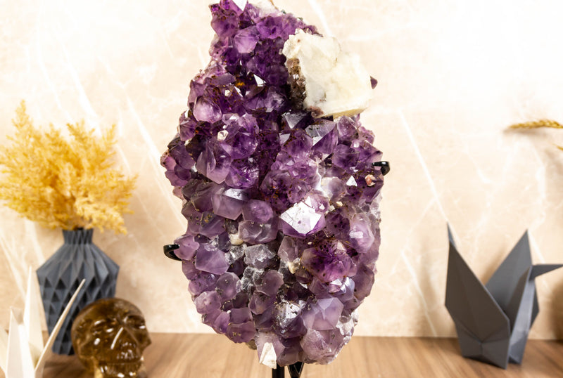 Rare Amethyst Cluster with Galaxy Druzy Sugar Coat, Calcite and Golden Goethite collective