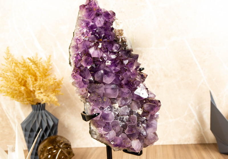 Rare Amethyst Cluster with Galaxy Druzy Sugar Coat, Calcite and Golden Goethite collective
