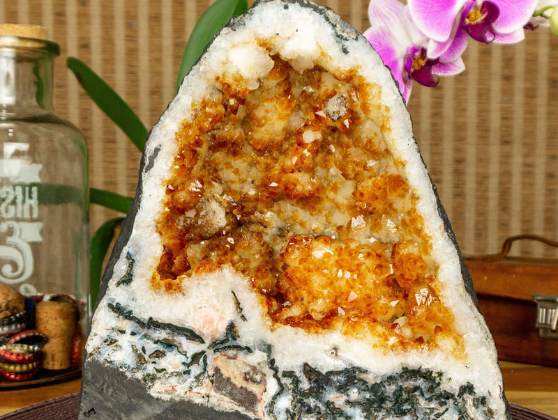 Citrine Crystal Geode with Stalactite Flowers and Moss Agate Inclusions collective