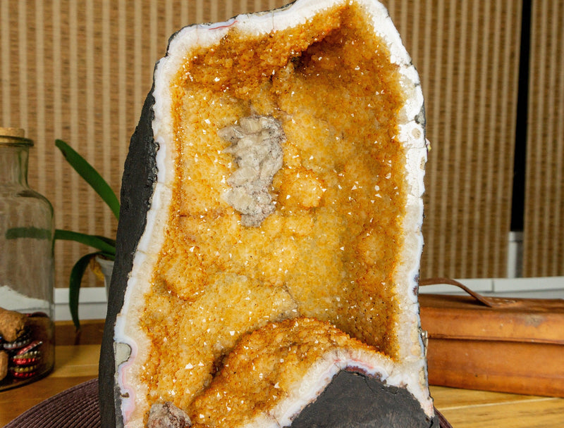 Citrine Crystal Geode with Deep Yellow Citrine Points and Calcite collective