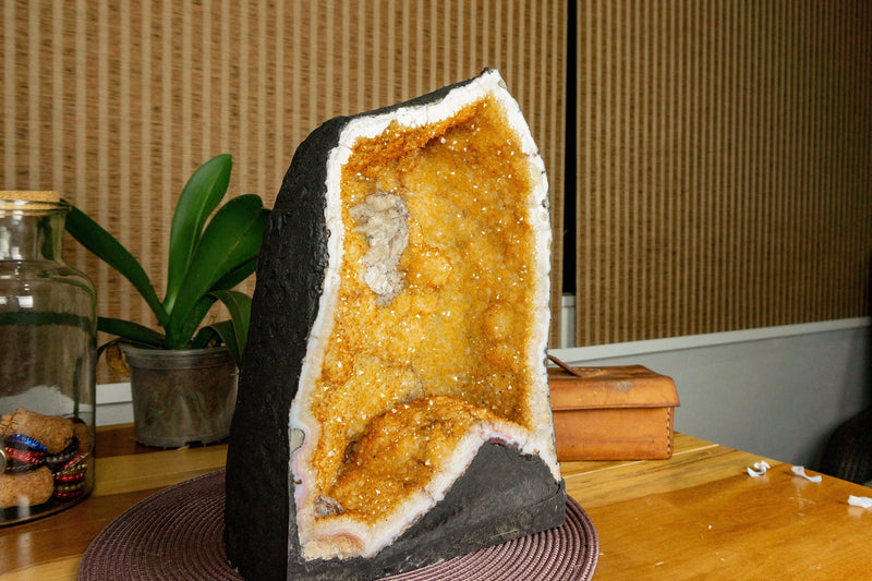 Citrine Crystal Geode with Deep Yellow Citrine Points and Calcite collective