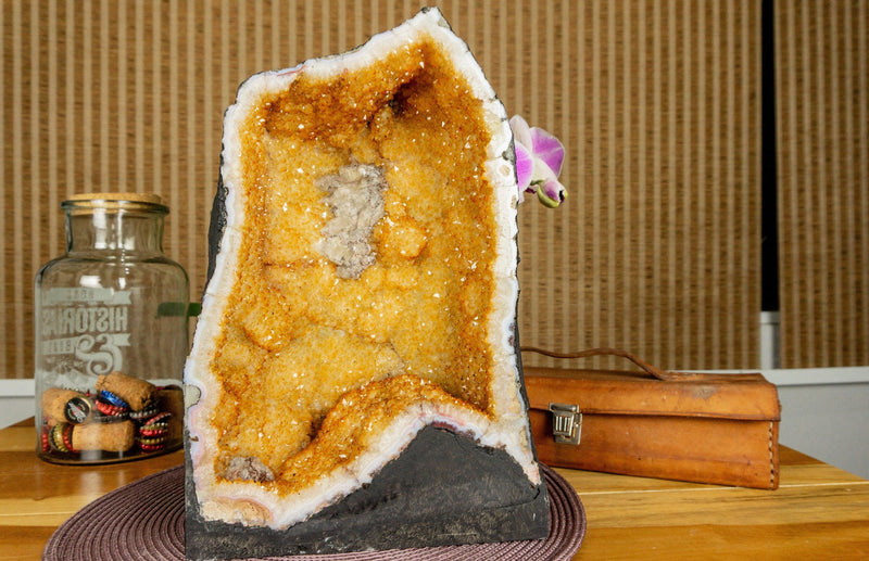 Citrine Crystal Geode with Deep Yellow Citrine Points and Calcite collective