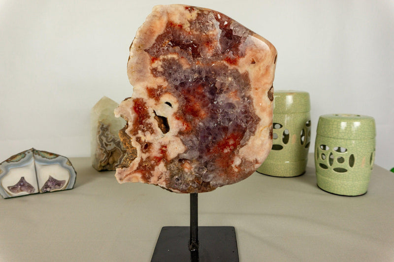 Rare Pink Amethyst Geode Slab with Red Pink and Purple Amethyst Druzy collective