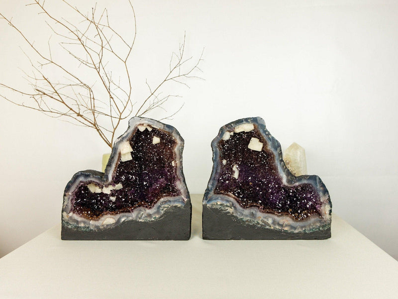 Pair of Golden Goethite Cacoxenite Amethyst Cathedral Geode, Collection Grade collective