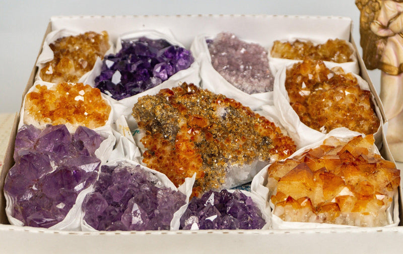 Amethyst, Citrine and Pink Amethyst Clusters Flat Box collective