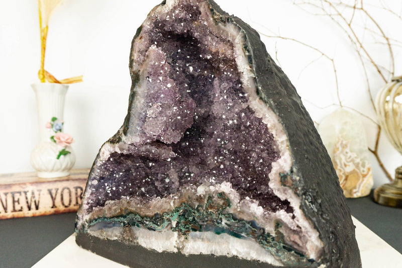 Rare Amethyst Cathedral Geode with Flower Stalactites and Double Terminated Points collective