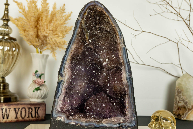 Amethyst Cathedral  Geode with Golden Goethite (Cacoxenite) Galaxy Druzy collective