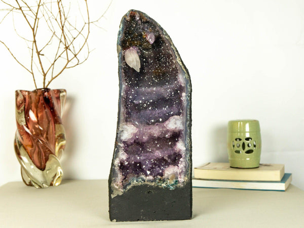 Rare Amethyst Cathedral Geode on Banded Agate, With Galaxy Druzy and Golden Ghoetite collective