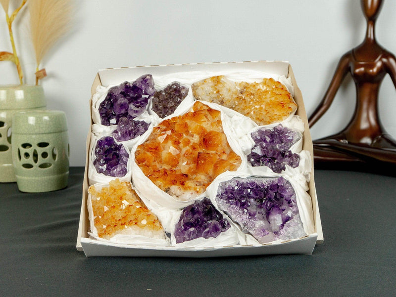 Amethyst and Citrine Clusters Wholesale Flat Box collective