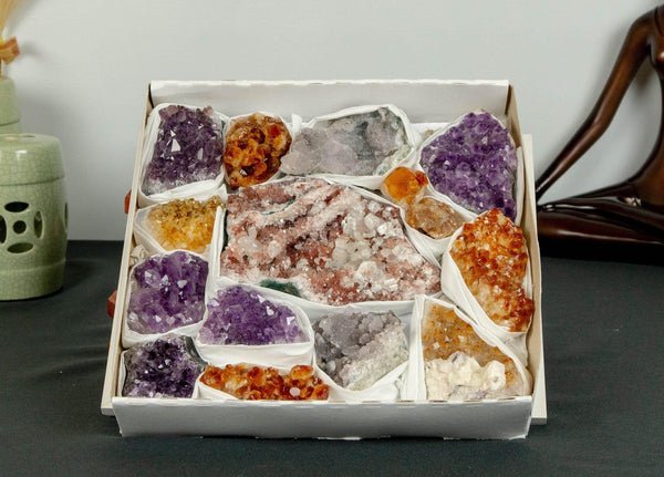 Amethyst, Citrine and Pink Amethyst Clusters Flat Box collective