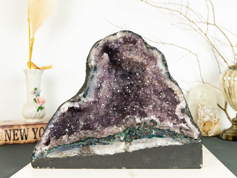Rare Amethyst Cathedral Geode with Flower Stalactites and Double Terminated Points collective