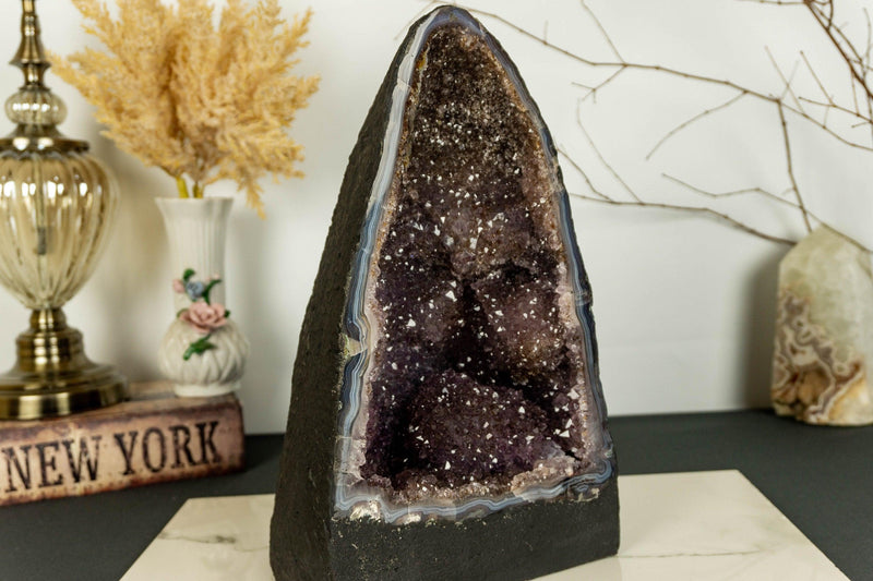 Amethyst Cathedral  Geode with Golden Goethite (Cacoxenite) Galaxy Druzy collective