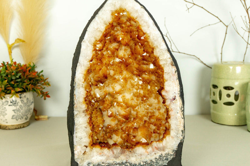 Citrine Crystal Geode with Flowers and Calcite, Deep Orange Citrine collective