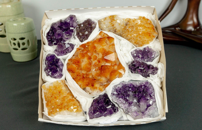 Amethyst and Citrine Clusters Wholesale Flat Box collective