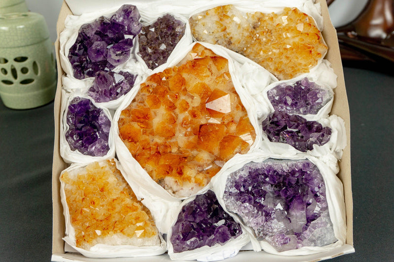 Amethyst and Citrine Clusters Wholesale Flat Box collective