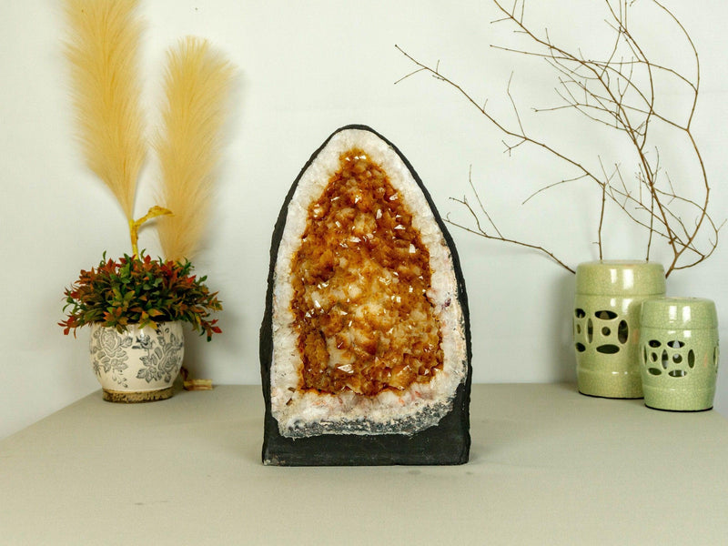 Citrine Crystal Geode with Flowers and Calcite, Deep Orange Citrine collective