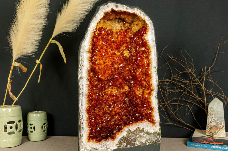 Tall Citrine Crystal Geode with Flowers and Calcite, AA Grade Deep Orange Citrine i_did