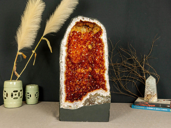 Tall Citrine Crystal Geode with Flowers and Calcite, AA Grade Deep Orange Citrine i_did