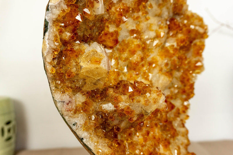 Deep Orange Citrine Cluster with Galaxy Druzy and Stalactite Flowers on Metal Stand collective