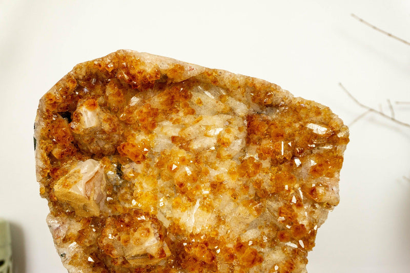 Deep Orange Citrine Cluster with Galaxy Druzy and Stalactite Flowers on Metal Stand collective