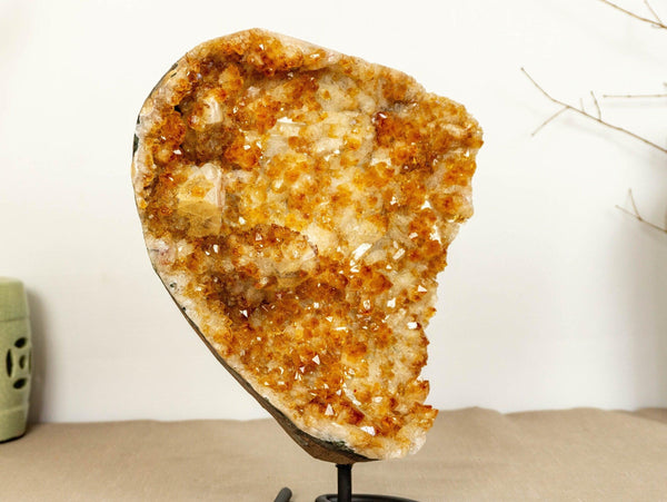 Deep Orange Citrine Cluster with Galaxy Druzy and Stalactite Flowers on Metal Stand collective