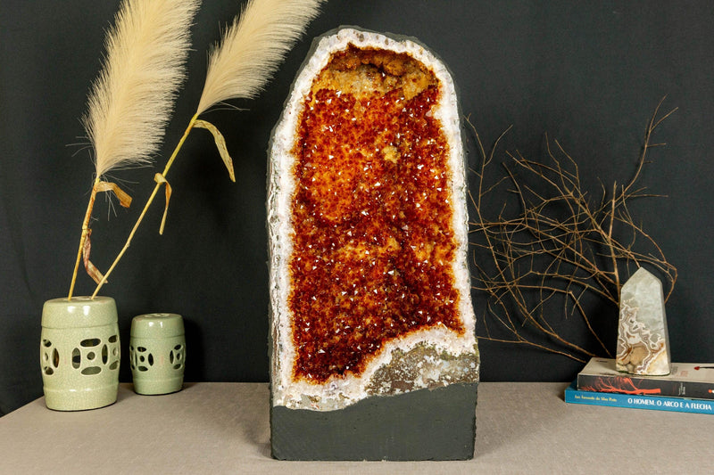 Tall Citrine Crystal Geode with Flowers and Calcite, AA Grade Deep Orange Citrine i_did