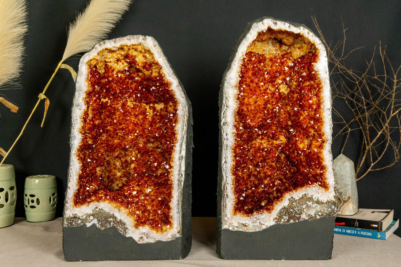 Tall Citrine Crystal Geode with Flowers and Calcite, AA Grade Deep Orange Citrine i_did