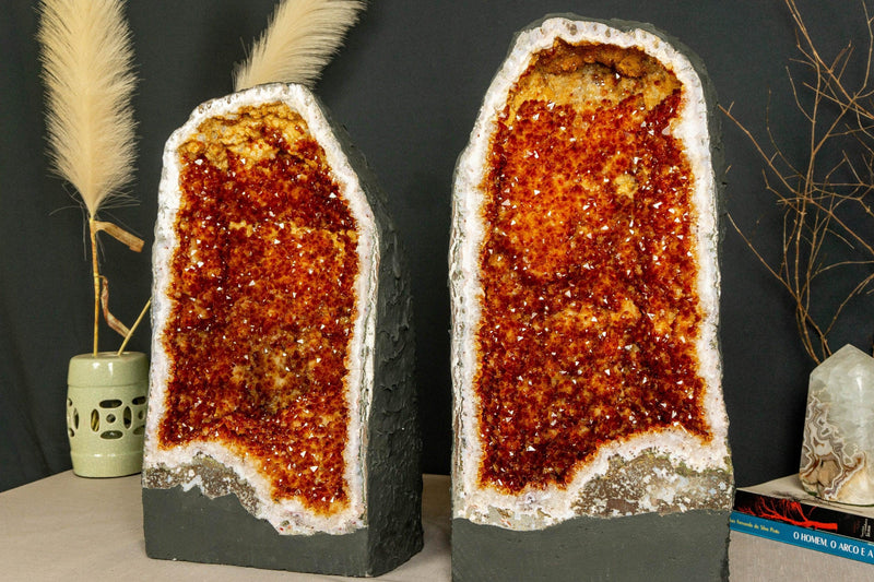 Tall Citrine Crystal Geode with Flowers and Calcite, AA Grade Deep Orange Citrine i_did