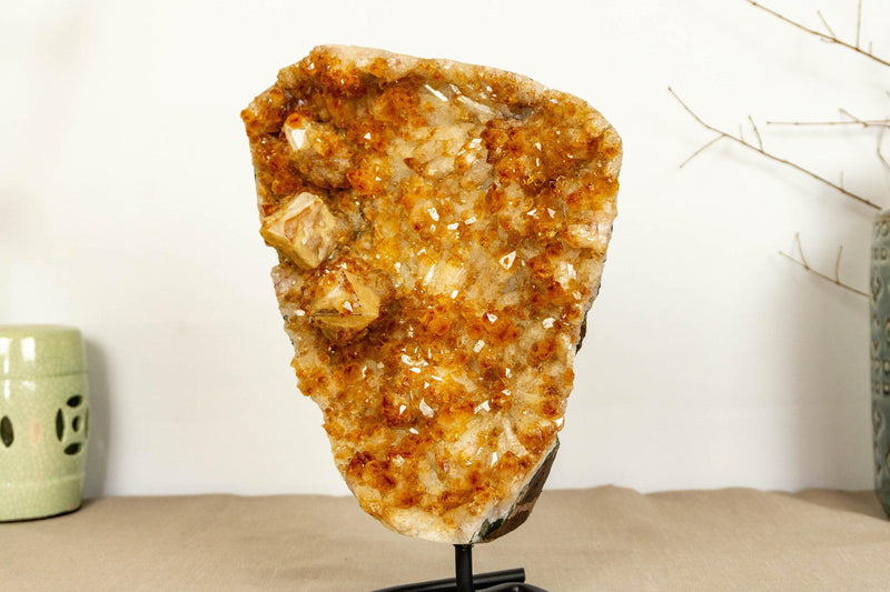 Deep Orange Citrine Cluster with Galaxy Druzy and Stalactite Flowers on Metal Stand collective