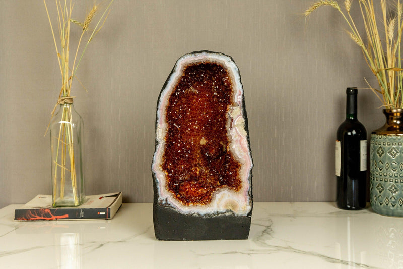 Deep Orange (Cognac) Citrine Crystal Geode with Calcite and Flowers i_did
