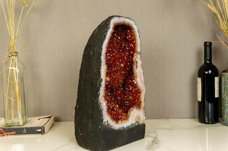 Deep Orange (Cognac) Citrine Crystal Geode with Calcite and Flowers i_did