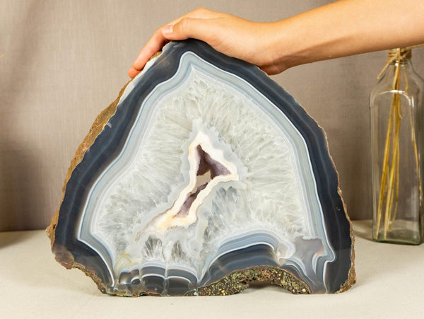 Lace Agate Geode Slice with Blue and White Banded Agate and Amethyst Druzy collective