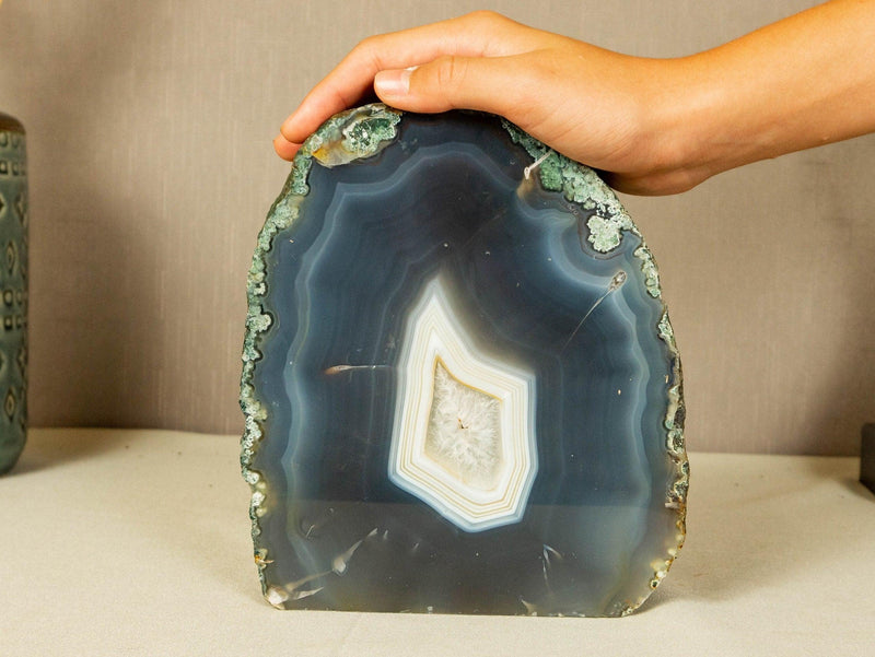 Lace Agate Geode Slice with Blue and White Banded Agate collective