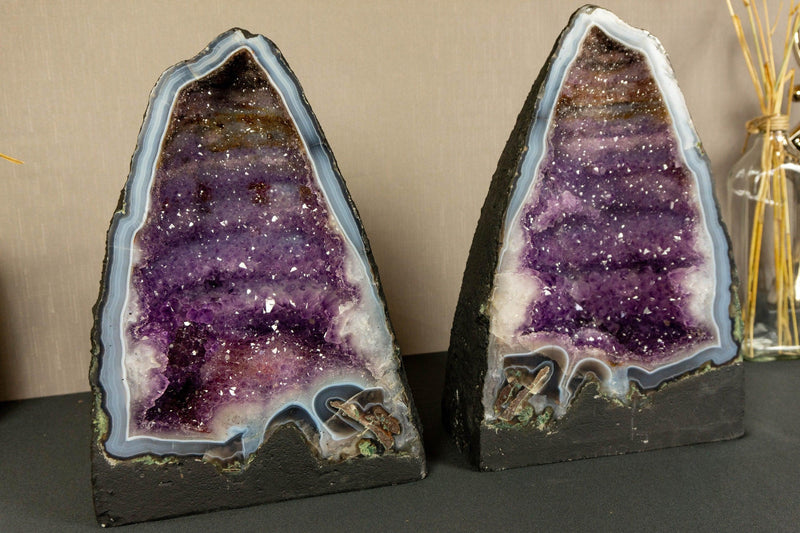 Pair of Amethyst Cathedral Geodes on Banded Agate, With Galaxy Druzy and Golden Ghoetite collective