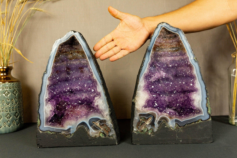 Pair of Amethyst Cathedral Geodes on Banded Agate, With Galaxy Druzy and Golden Ghoetite collective