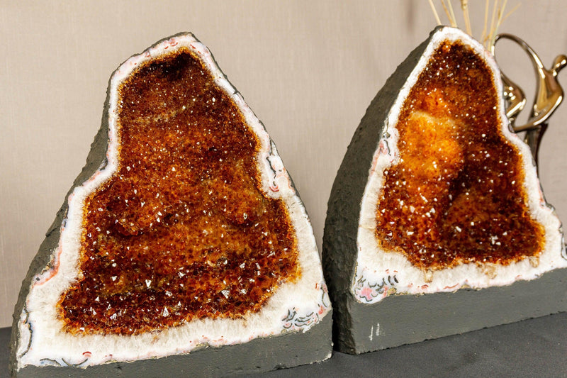 Pair of Citrine Cathedral Geodes with Stalactite Flowers, Aaa Grade Orange Citrine i_did