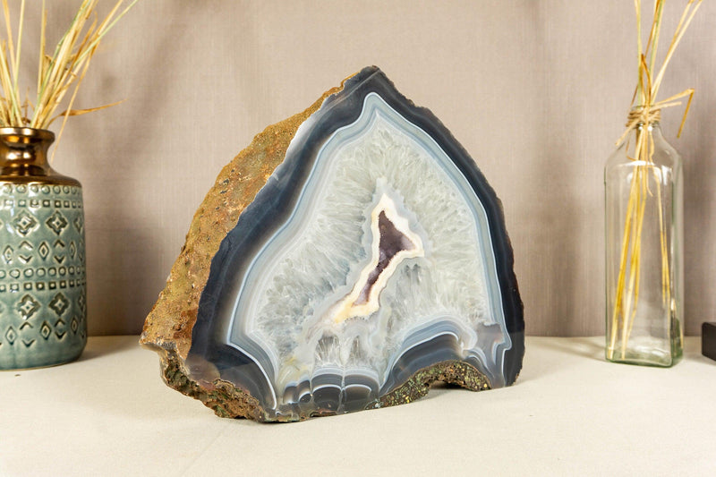 Lace Agate Geode Slice with Blue and White Banded Agate and Amethyst Druzy collective