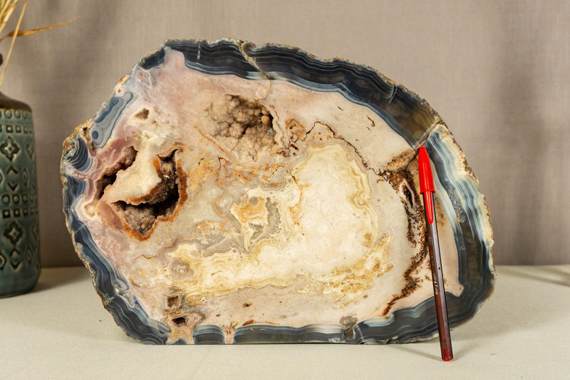 Blue Lace Agate with Pink Quartz Geode Slab, Rare collective
